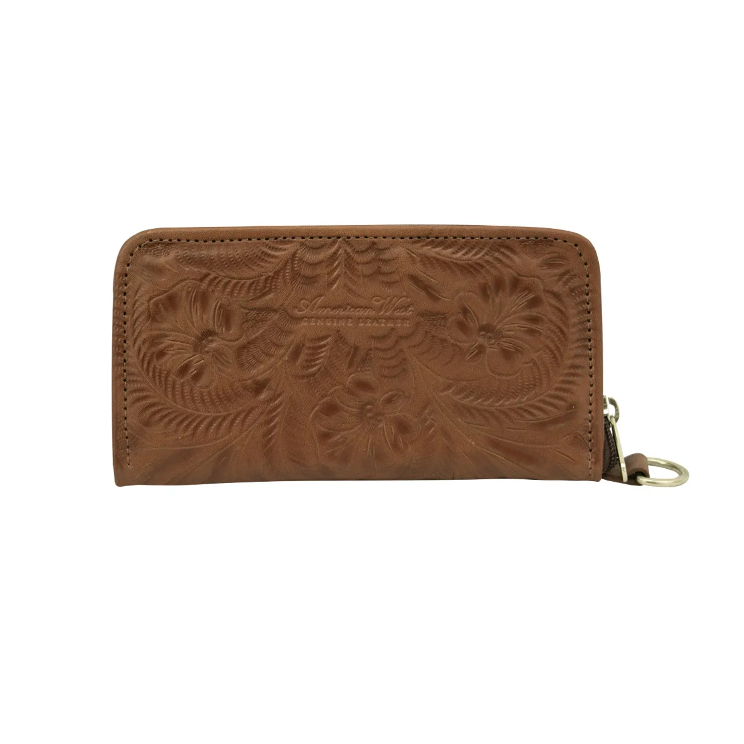 American West Womens Hand Tooled Medium Brown Leather Zip Around Wallet