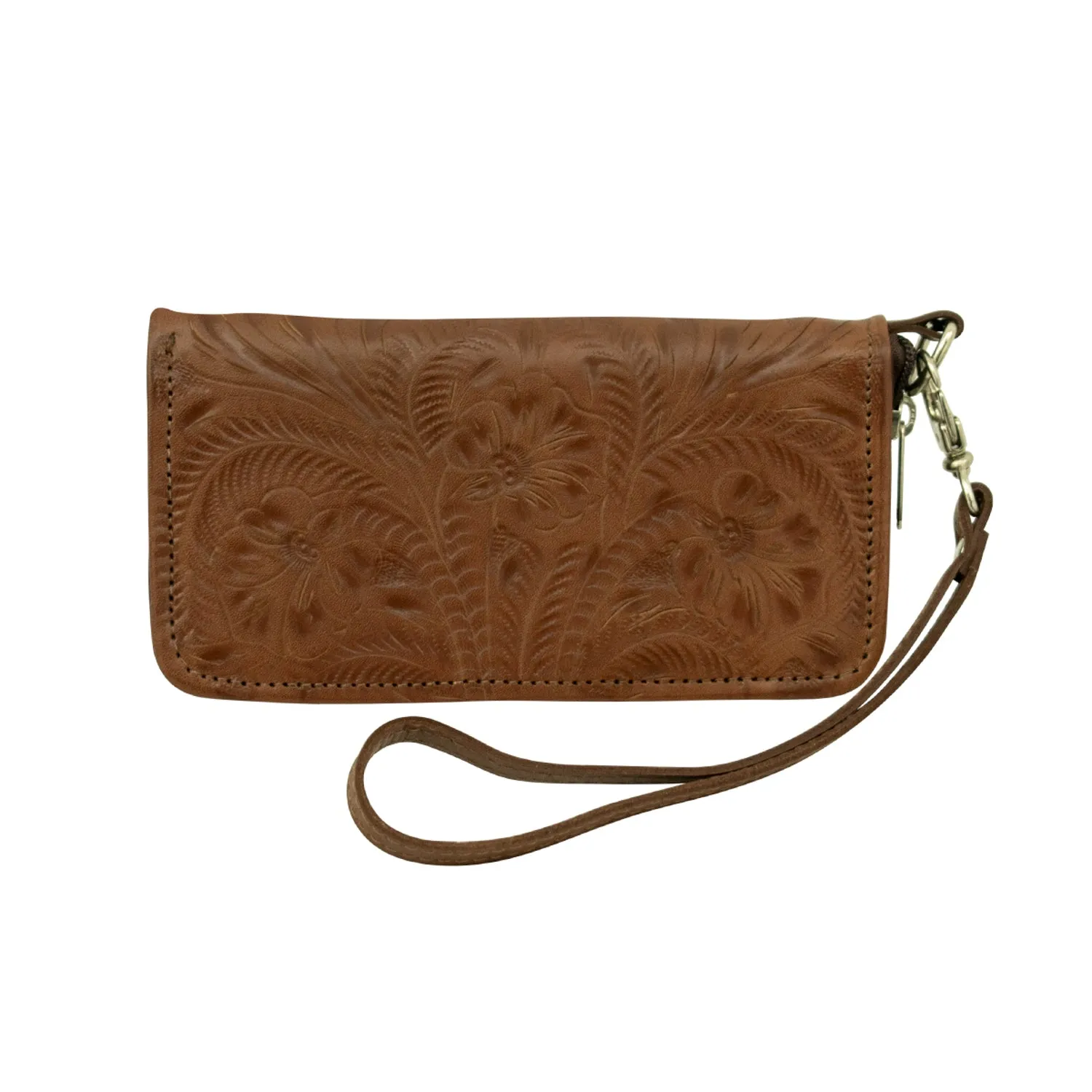 American West Womens Hand Tooled Medium Brown Leather Zip Around Wallet