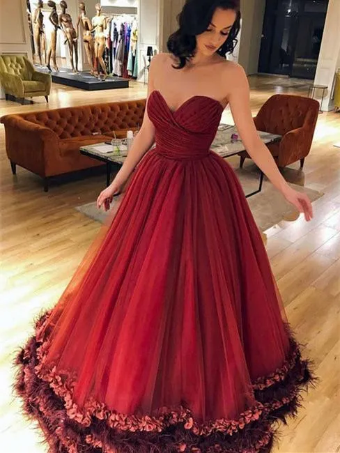 Ball-Gown Sweetheart Floor-Length Tulle Burgundy Long Evening Dresses HX0090