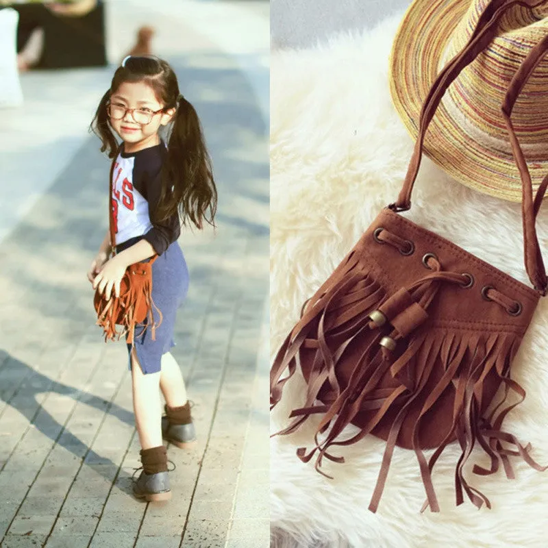 Children Fashion Tassel Bags Girl Brown Children Mini Handbag Kids Shoulder Bag U5