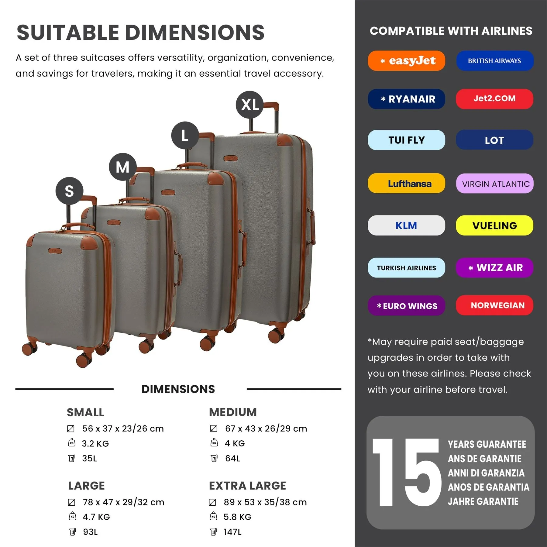 Set of 4 Luggage Suitcase Travel Bag Carry On Hand Cabin Check in Lightweight Expandable Hard-Shell 4 Spinner Wheels Trolley Set